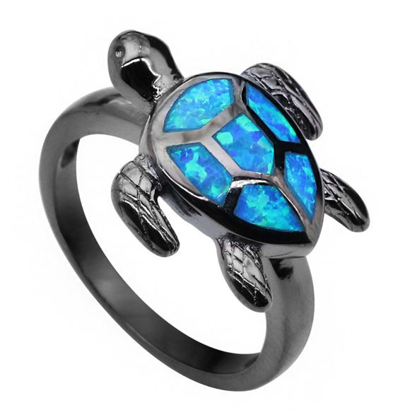 10kt Black Gold Blue Fire Opal Sea Turtle Ring - Picture 3 of 5
